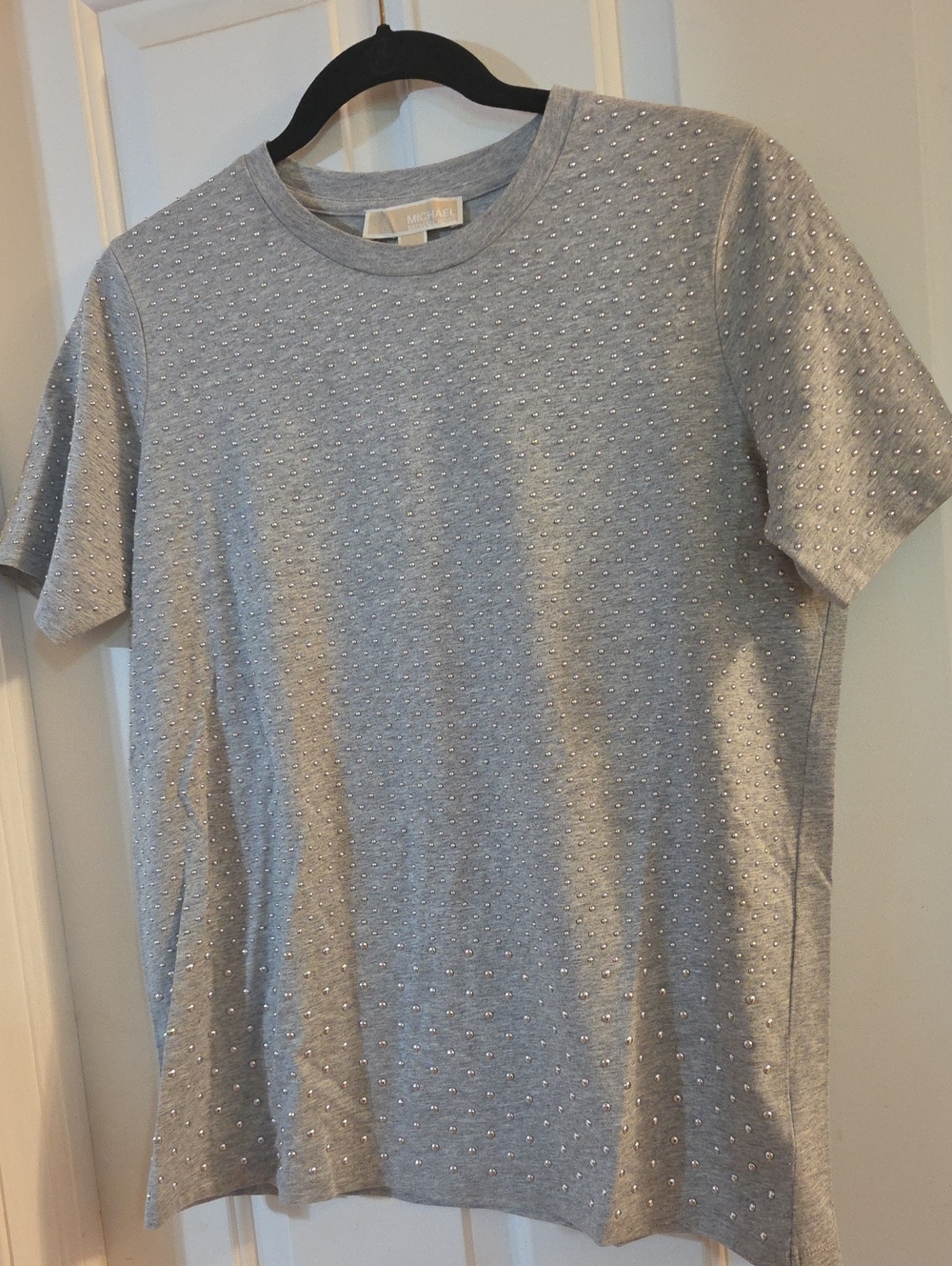 Michael Kors Gray And Silver Short-Sleeve Crewneck Shirt with Silver Stud Small